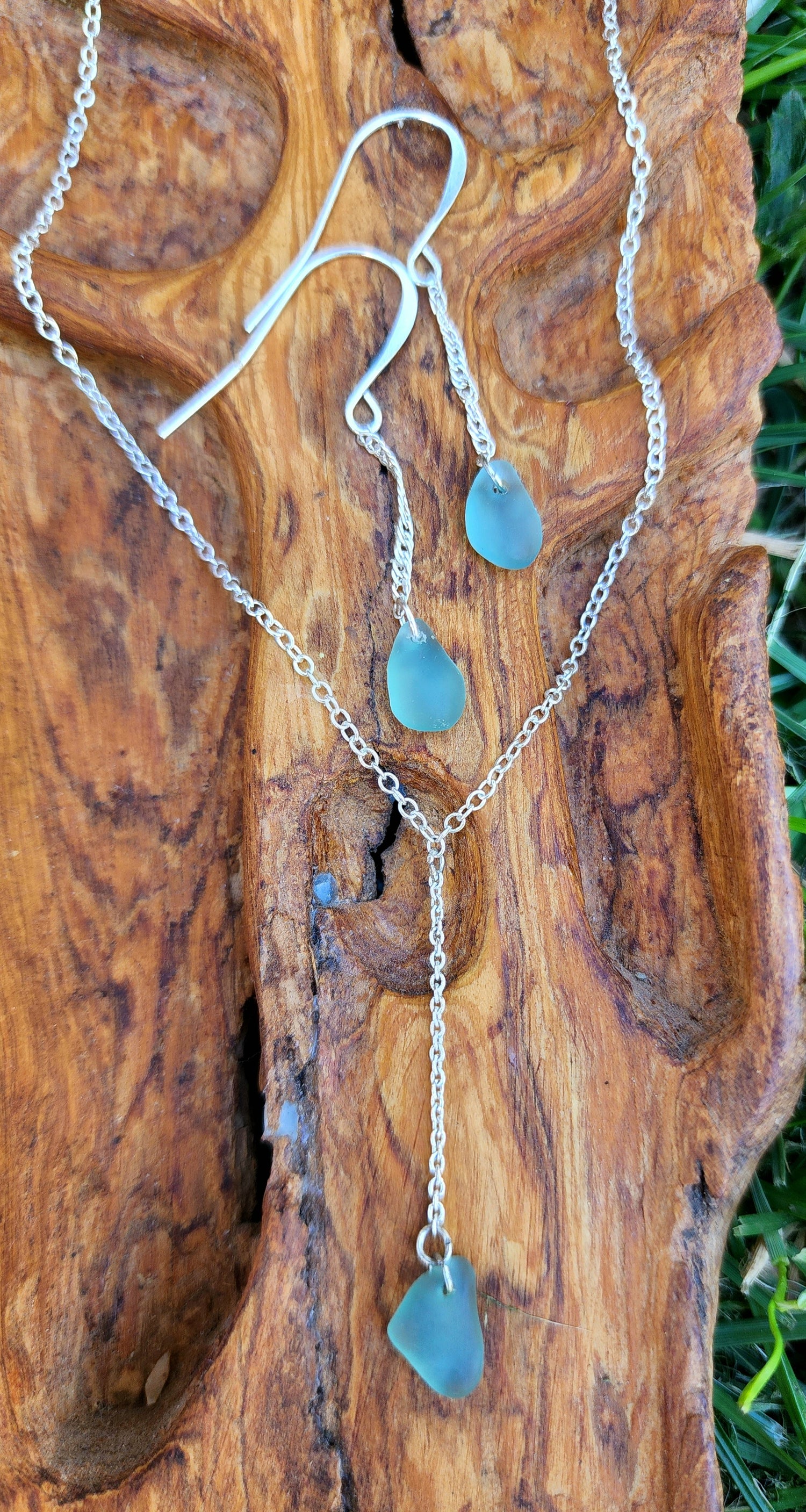 Seaglass Necklace and matching Earrings(Cerulean blue )